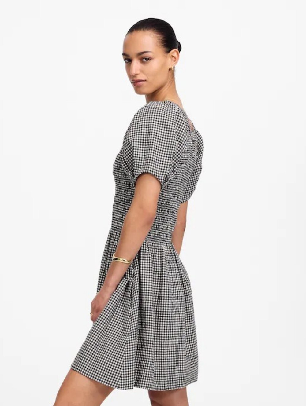 Madewell Dress Gingham Smocked U-Neck Mini Black White size Medium Linen Cotton - Picture 9 of 13